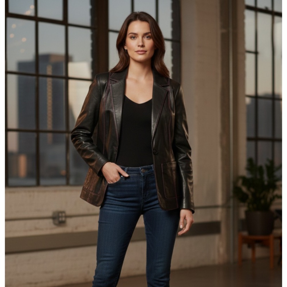 Cole Haan‎ City Women's Size 6 Black Long Sleeve Notch Lapel Leather Jacket